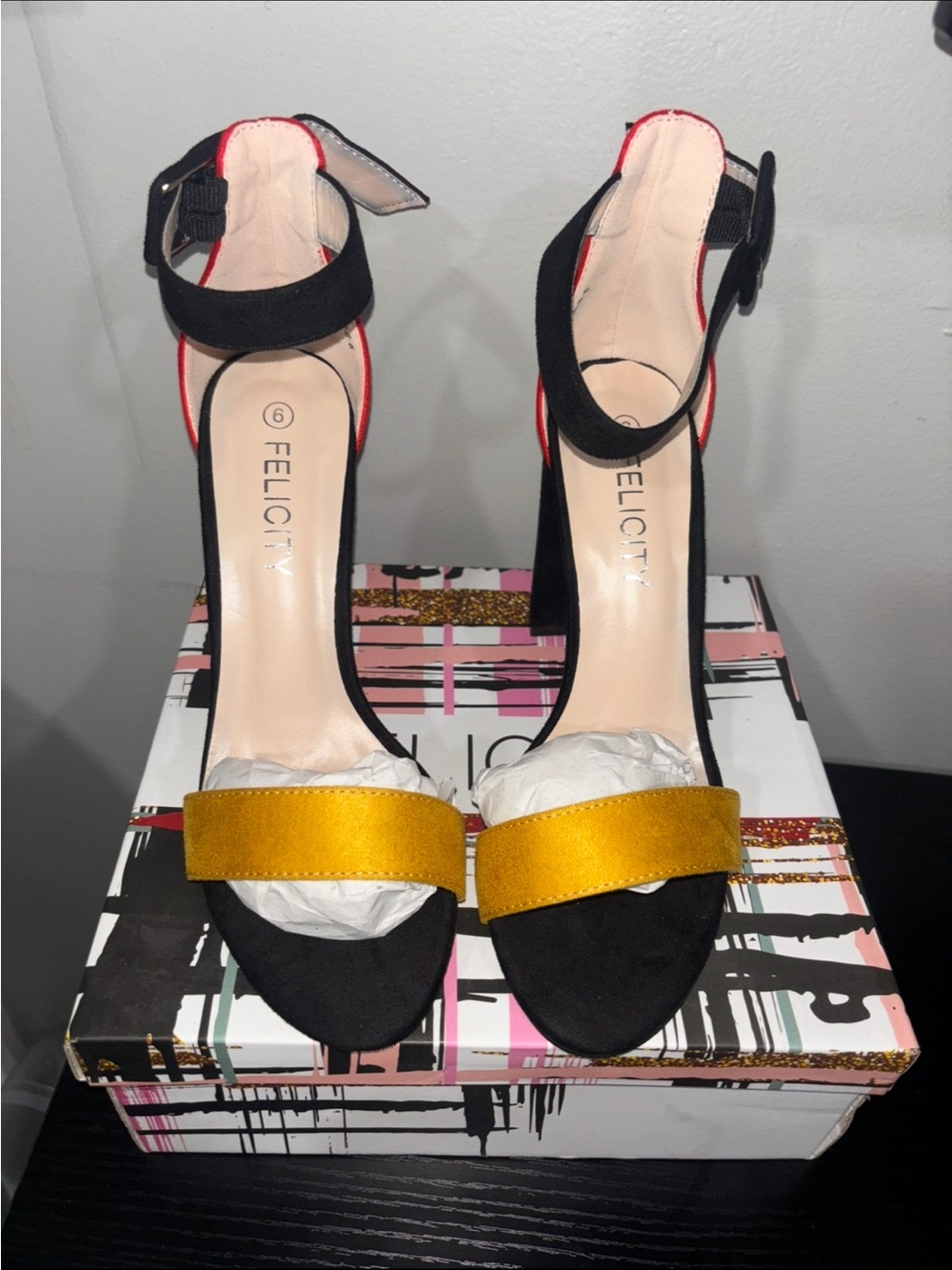 Felicity Black and Gold Satin Front-Strap Ankle-Heels